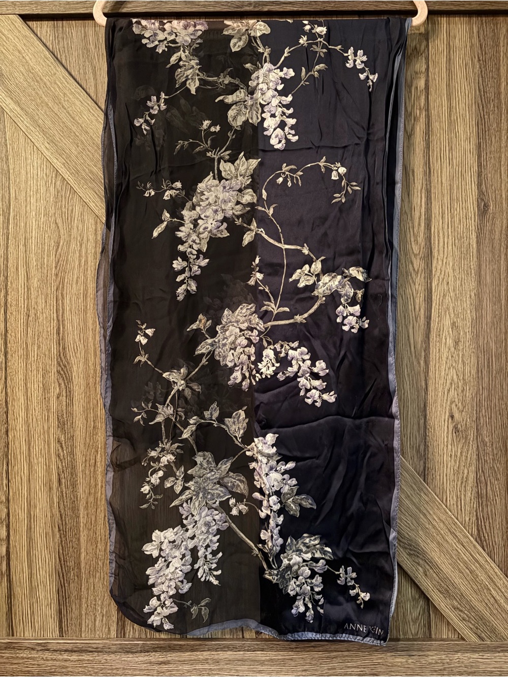 Anne Klein Vintage Floral Print Long Silk Scarf Navy Blue Lavender